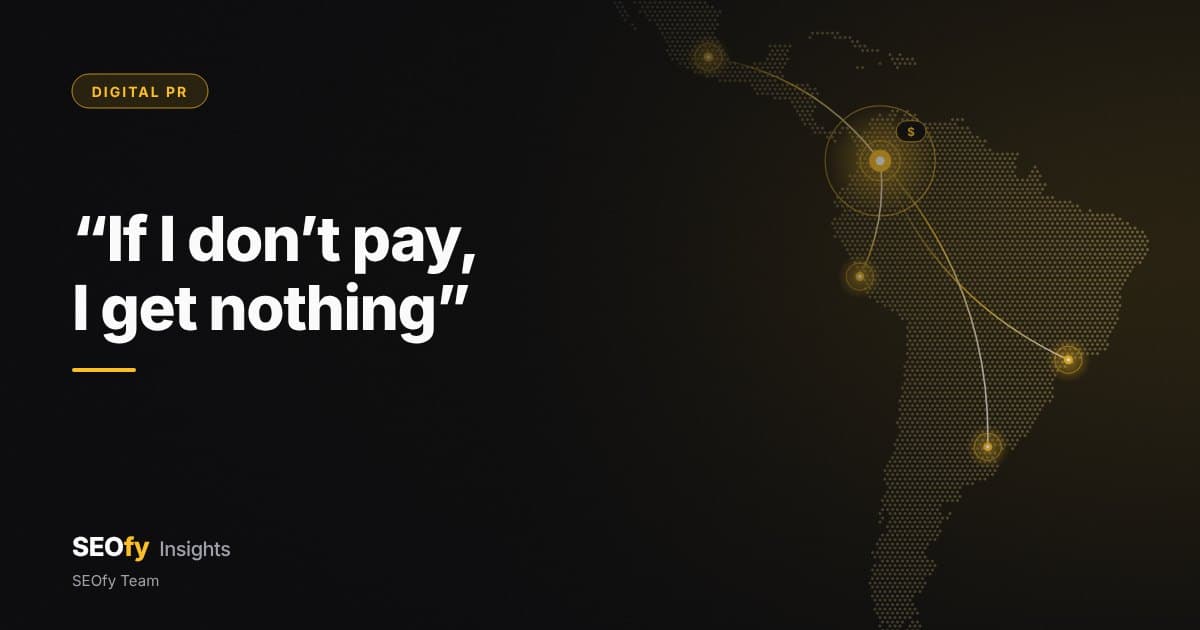 Dotted map of Latin America with an amber node marked $ in Colombia, linked by threads to four nodes. Title: If I don’t pay, I get nothing.
