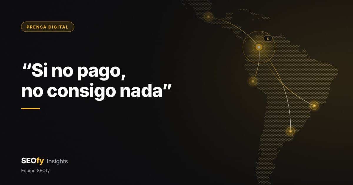 Mapa de puntos de Latinoamérica con un nodo ámbar marcado con el símbolo $ en Colombia, unido por hilos a cuatro nodos. Título: Si no pago, no consigo nada.