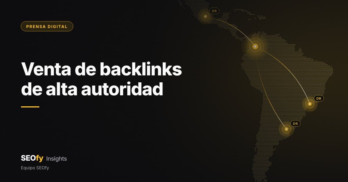 Mapa de puntos de Latinoamérica con un nodo ámbar en Colombia unido a tres nodos etiquetados DR en México, Brasil y Argentina. Título: Venta de backlinks de alta autoridad.