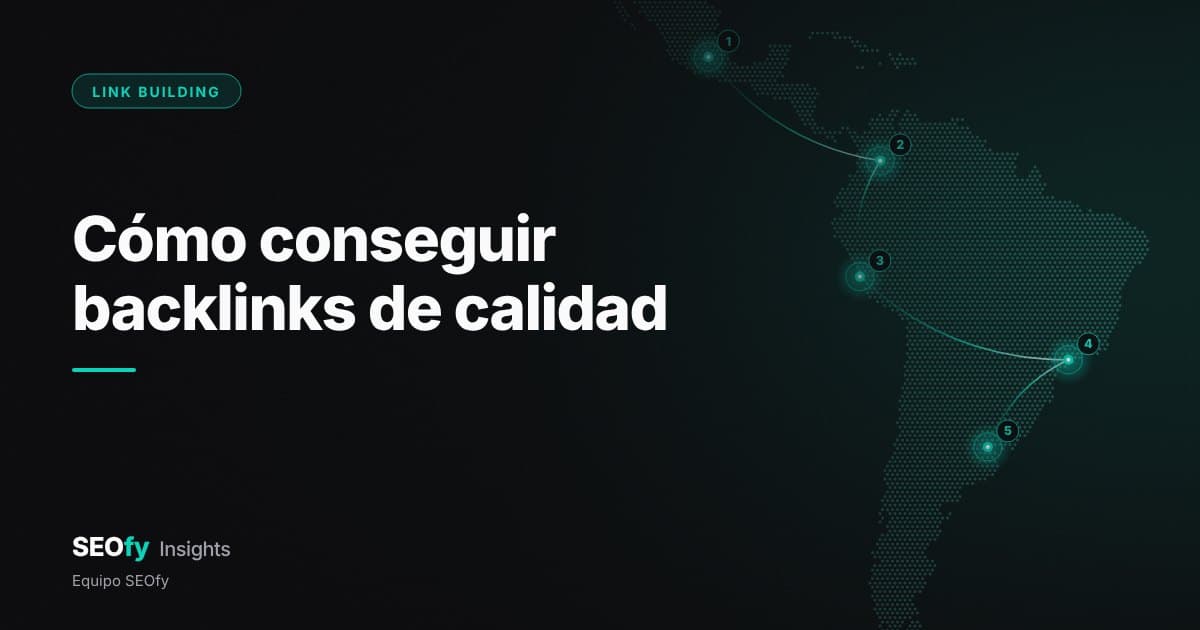 Mapa de puntos de Latinoamérica con cinco nodos turquesa numerados del 1 al 5, unidos en recorrido. Título: Cómo conseguir backlinks de calidad.