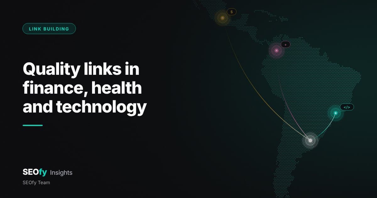 Dotted map of Latin America with three colored nodes marked $, + and </>, joined to a white node. Title: Quality links in finance, health and technology.