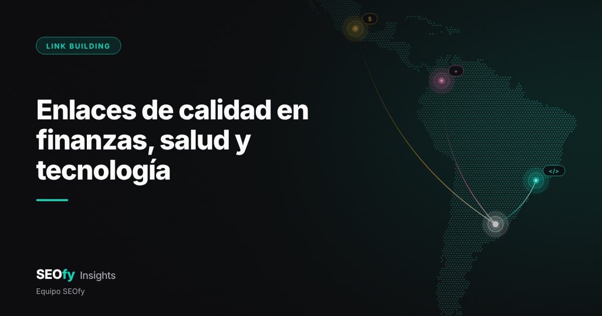 Mapa de puntos de Latinoamérica con tres nodos de colores marcados con los símbolos $, + y </>, unidos a un nodo blanco. Título: Enlaces de calidad en finanzas, salud y tecnología.