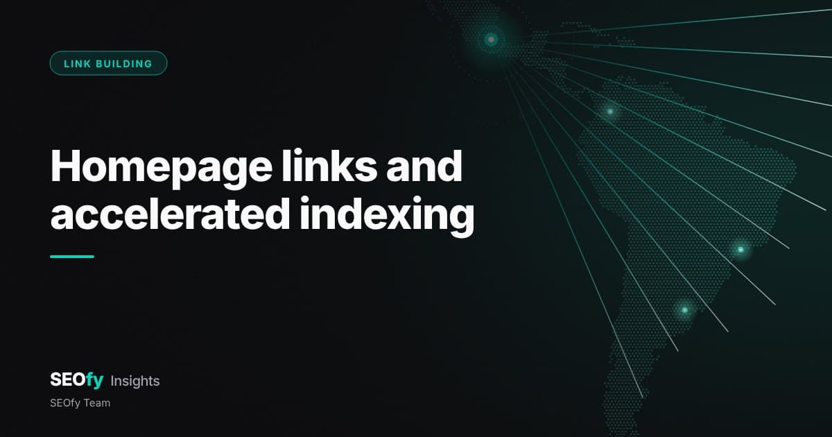 Dotted map of Latin America with teal rays of light fanning out south from a node in Mexico. Title: Homepage links and accelerated indexing.