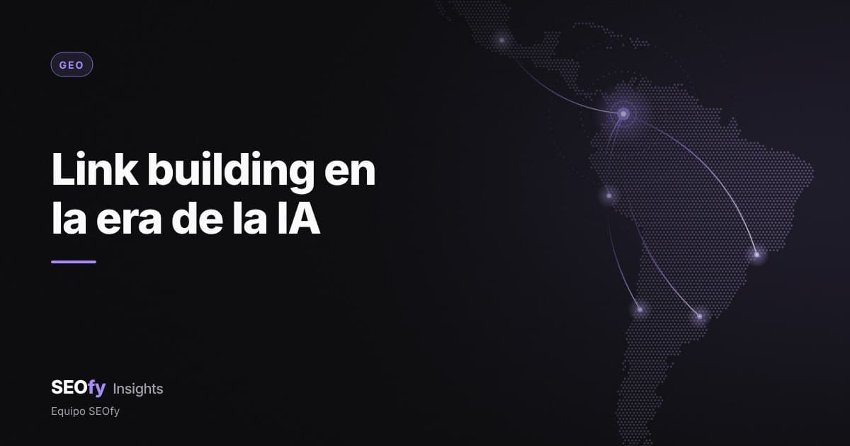 Mapa de puntos de Latinoamérica con hilos violetas que convergen en un nodo central rodeado de anillos, como una respuesta de IA. Título: Link building en la era de la IA.